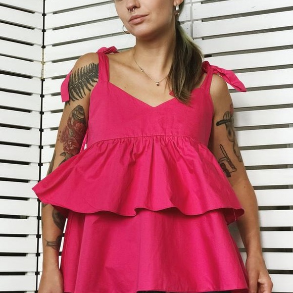 Zara Hot Pink Babydoll Layered Ruffled Tank Top Size Medium with Bow Tie Straps - Picture 1 of 8